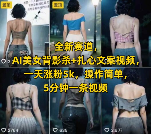 全新赛道，AI美女背影杀+扎心文案视频，一天涨粉5k，操作简单，5分钟一条视频-禾谷轻创网