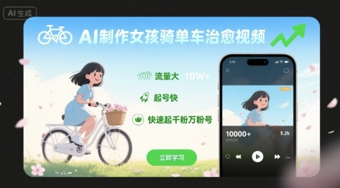 AI制作女孩骑单车治愈视频，流量大，起号快，快速起千粉万粉号-禾谷轻创网