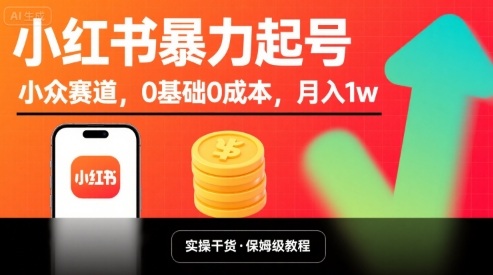 小红书暴力起号，小众赛道，0基础0成本，月入1w-禾谷轻创网