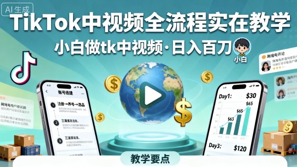 TikTok中视频全流程实操教学，小白做tk中视频，日入百刀-禾谷轻创网