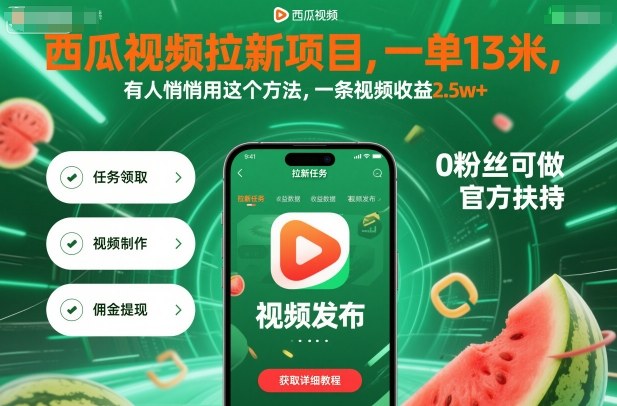 西瓜视频拉新项目，一单13米，有人悄悄用这个方法，一条视频收益2.5w+(附详细教程)-禾谷轻创网