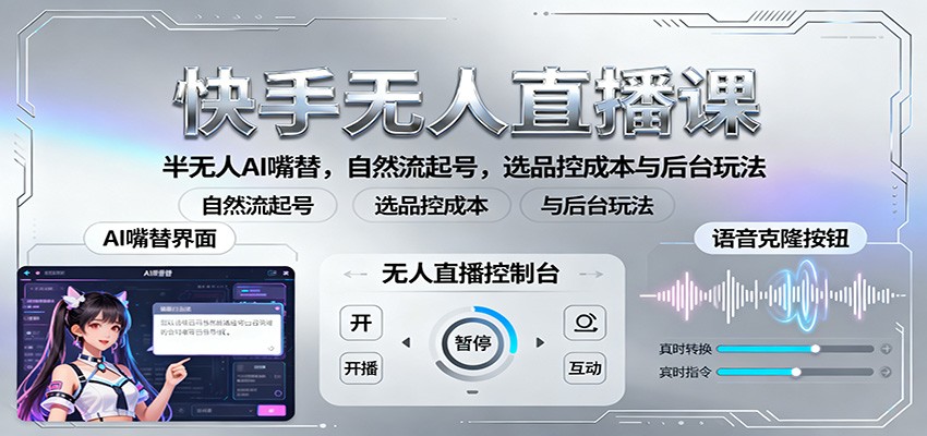快手无人直播课：半无人AI嘴替，自然流起号，选品控成本与后台玩法-禾谷轻创网