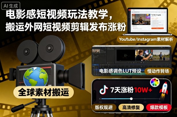 电影感短视频玩法教学，搬运外网短视频剪辑发布涨粉-禾谷轻创网