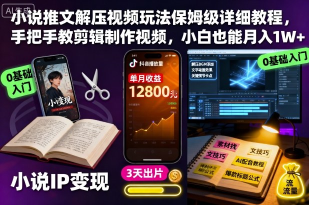 小说推文解压视频玩法保姆级详细教程，手把手教剪辑制作视频，小白也能月入1W+-禾谷轻创网