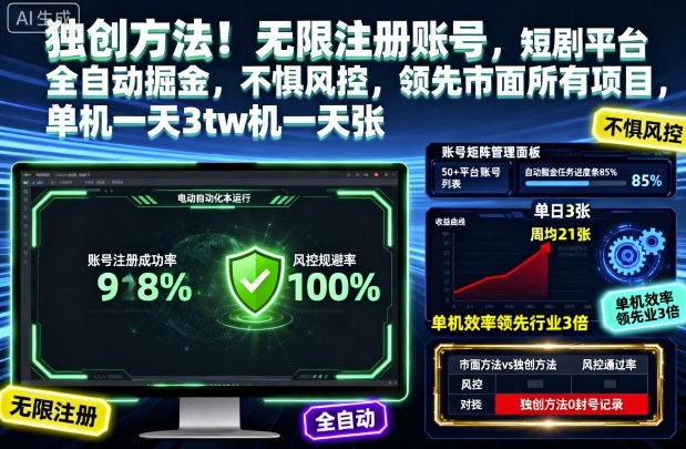 独创方法！无限注册账号，短剧平台全自动掘金，不惧风控，领先市面所有项目，单机一天3张【揭秘】-禾谷轻创网