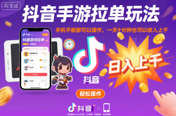抖音手游拉单玩法，手机平板都可以操作，一天十分钟也可以收入上K【揭秘】-禾谷轻创网