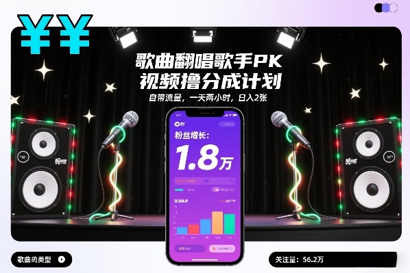 歌曲翻唱歌手PK视频撸分成计划，自带流量，一天两小时，日入2张-禾谷轻创网