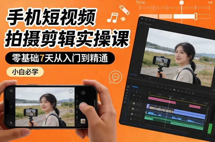 手机短视频拍摄剪辑实操课，零基础7天从入门到精通，小白必学-禾谷轻创网