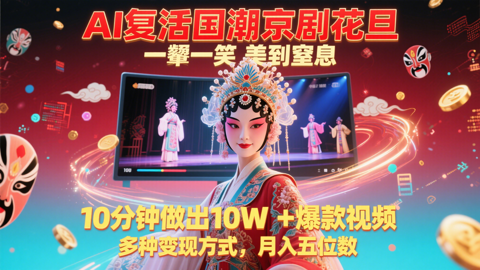 AI复活国潮京剧花旦,一颦一笑美到窒息,10分钟做出10W+爆款视频,多种变现方式-禾谷轻创网