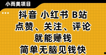 小而美的项目，抖音小红书B站视频点赞、关注、评论就能挣钱，简单无脑立见收益，妥妥的零撸项目【揭秘】-禾谷轻创网