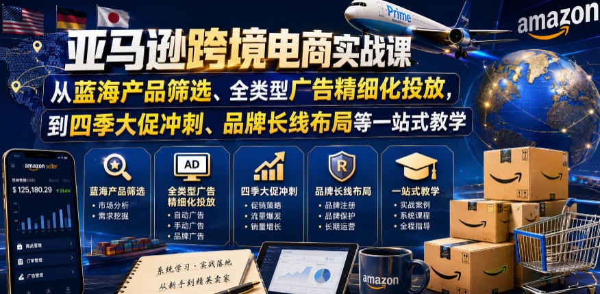 亚马逊跨境电商实战课，从蓝海产品筛选、全类型广告精细化投放，到四季大促冲刺、品牌长线布局等一站式教学-禾谷轻创网