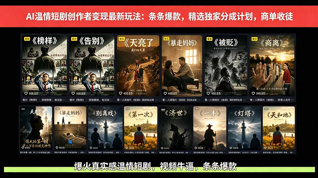 AI温情短剧创作者变现最新玩法：视频牛逼，条条爆款，精选独家分成计划，商单收徒-禾谷轻创网
