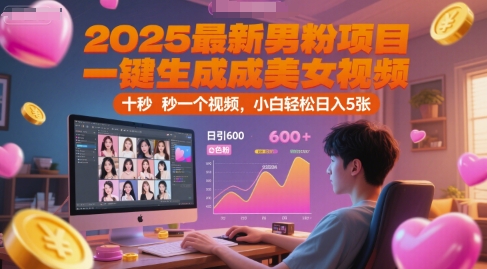 2025最新男粉项目，一键生成美女视频，日引600+色粉 十秒一个视频，小白轻松日入5张【揭秘】-禾谷轻创网