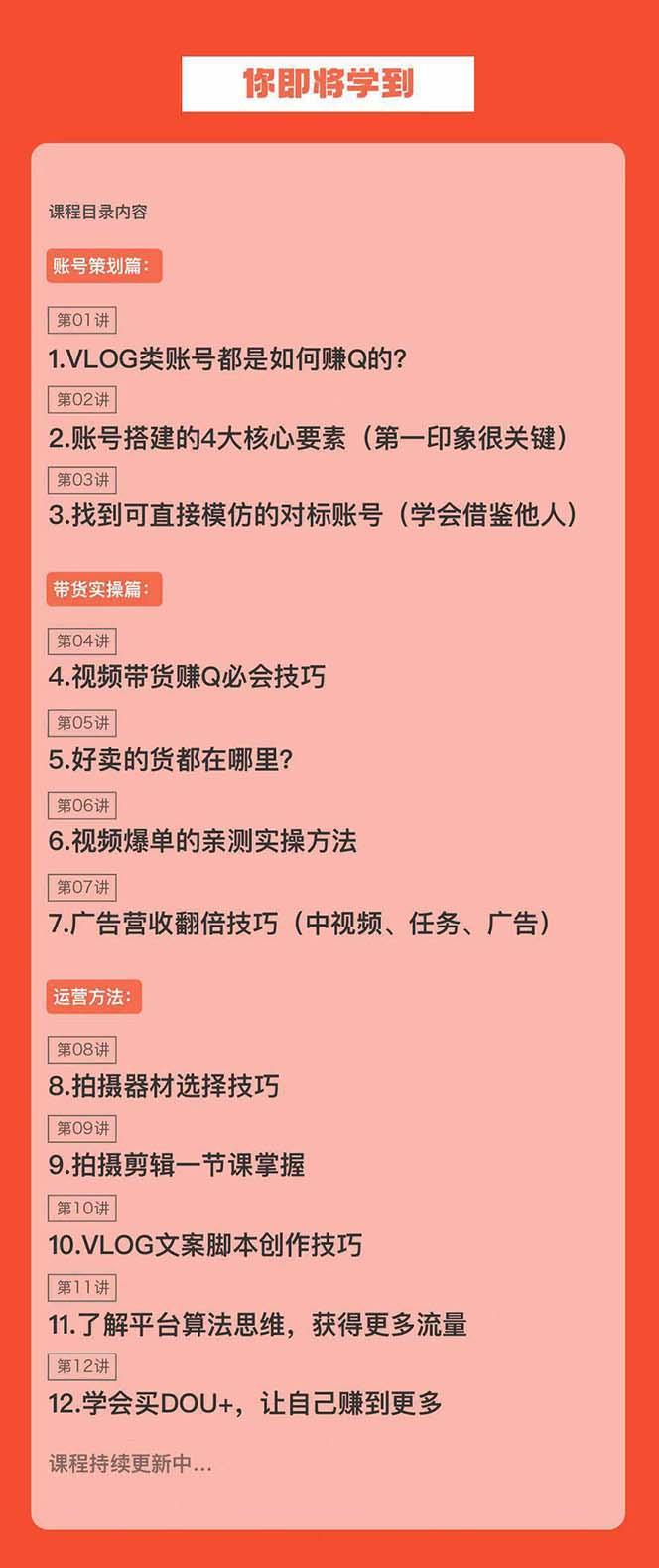 新手VLOG短视频特训营：学会带货、好物、直播、中视频、赚Q方法(16节课)-禾谷轻创网