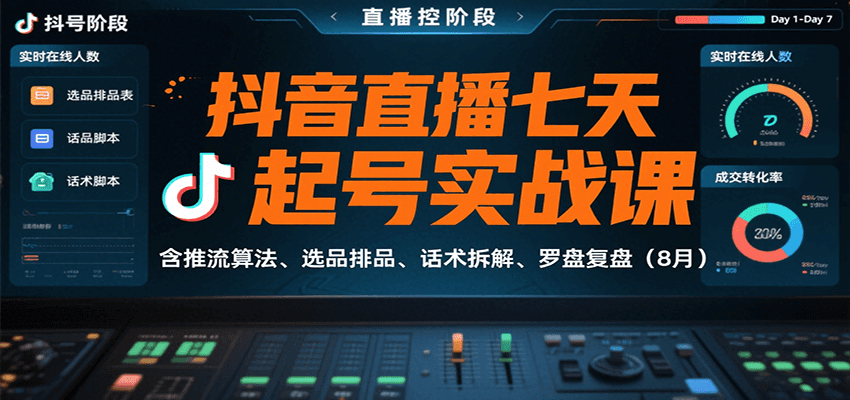 抖音直播七天起号实战课：含推流算法、选品排品、话术拆解、罗盘复盘(8月)-禾谷轻创网