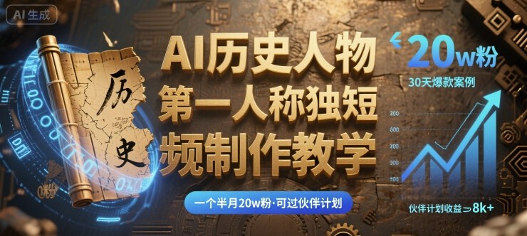 最新AI历史人物第一人称独白短视频制作教学，一个半月20w粉，可过伙伴计划-禾谷轻创网