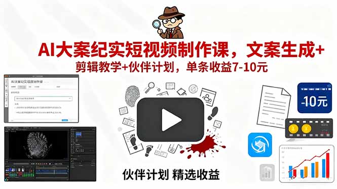 AI大案纪实短视频制作课，文案生成+剪辑教学+伙伴计划，单条收益7-10元-禾谷轻创网