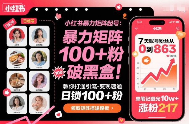 小红书暴力矩阵起号，教你打通引流-变现速通，日锁100+粉，破流量黑盒-禾谷轻创网