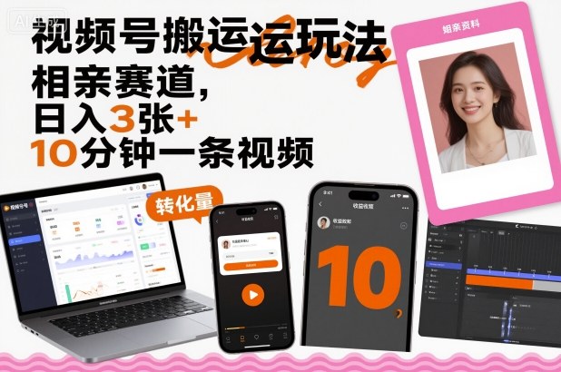 视频号搬运玩法，相亲赛道，日入3张+，10分钟一条视频-禾谷轻创网