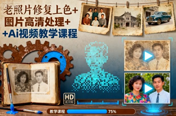 老照片修复上色+图片高清处理+Ai视频教学课程-禾谷轻创网