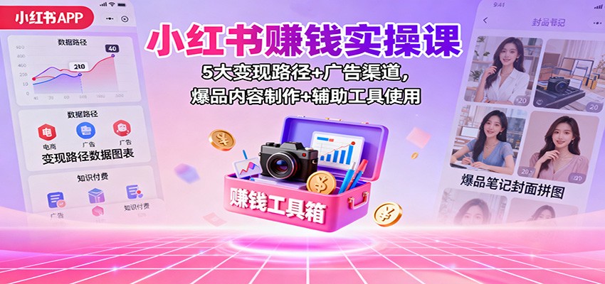 小红书赚钱实操课：5大变现路径+广告渠道，爆品内容制作+辅助工具使用-禾谷轻创网