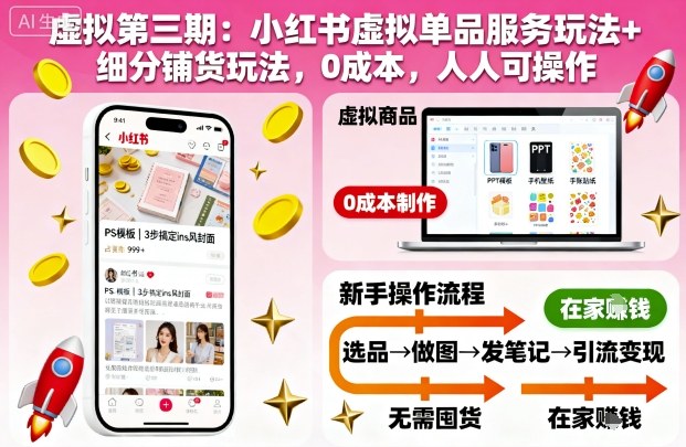 虚拟第三期：小红书虚拟单品服务玩法+细分铺货玩法，0成本，人人可操作(更新)-禾谷轻创网
