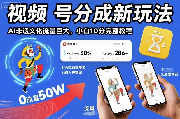 视频号分成新玩法，AI非遗文化流量巨大，小白10分钟搞定，完整教程-禾谷轻创网