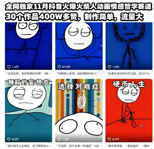 全网独家11月抖音火爆火柴人动画情感哲学赛道，30个作品400W多赞，制作简单，流量大【教学+素材】-禾谷轻创网