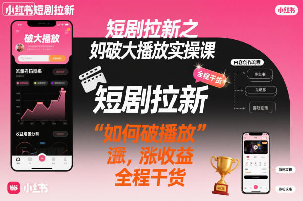 短剧拉新之小红书如何破大播放实操课，如何破播放，涨收益，全程干货-禾谷轻创网