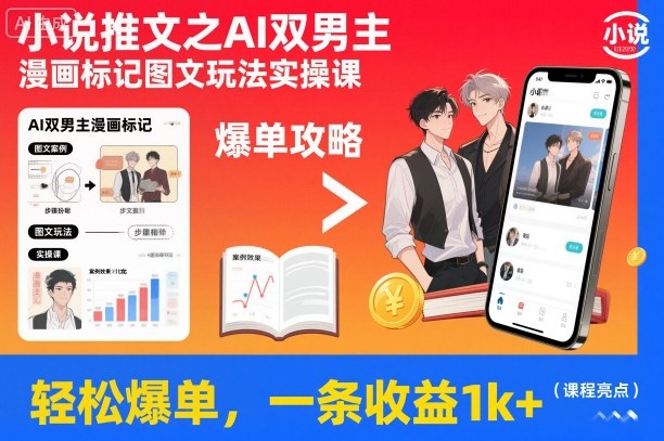 小说推文之AI双男主漫画标记图文玩法实操课，轻松爆单，一条收益1k+-禾谷轻创网