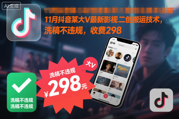 11月抖音某大V最新影视二创搬运技术，洗稿不违规，收费298-禾谷轻创网