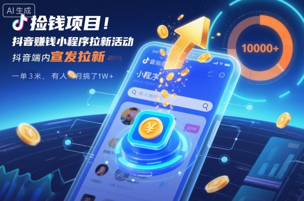 捡钱项目！抖音賺钱小程序拉新活动，抖音端内宣发拉新，一单3米，有人半个月搞了1W+-禾谷轻创网