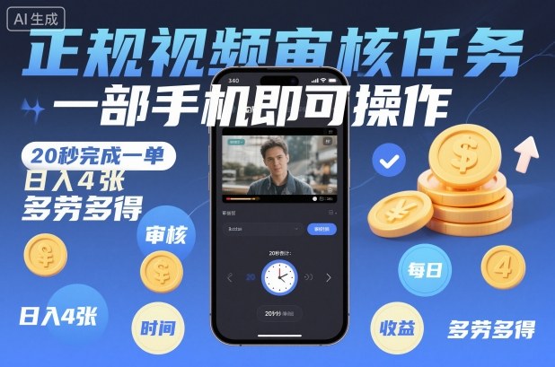 正规视频审核任务，一部手机即可操作，20秒完成一单，日入4张，多劳多得【揭秘】-禾谷轻创网