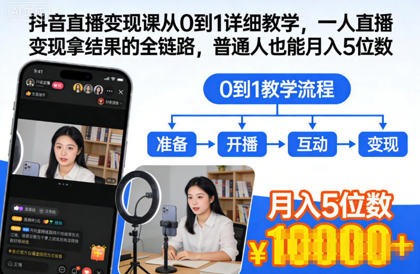 抖音直播变现课从0到1详细教学，一人直播变现拿结果的全链路，普通人也能月入5位数-禾谷轻创网