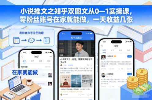 小说推文之知乎双图文从0—1实操课，零粉丝账号在家就能做，一天收益几张-禾谷轻创网