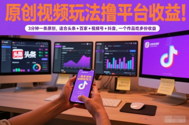 原创视频玩法撸平台收益，3分钟一条原创，适合头条+百家+视频号+抖音，一个作品吃多份收益-禾谷轻创网