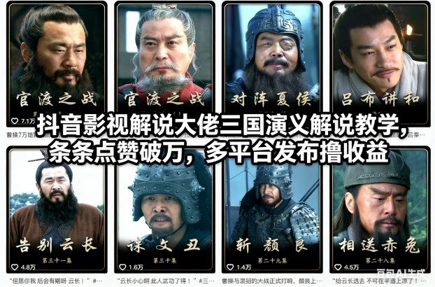 抖音影视解说大佬三国演义解说教学，条条点赞破万，多平台发布撸收益-禾谷轻创网