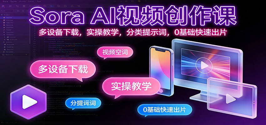 Sora AI视频创作课：多设备下载，实操教学，分类提示词，0基础快速出片-禾谷轻创网