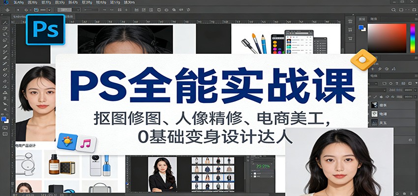 PS全能实战课：抠图修图、人像精修、电商美工，0基础变身设计达人-禾谷轻创网
