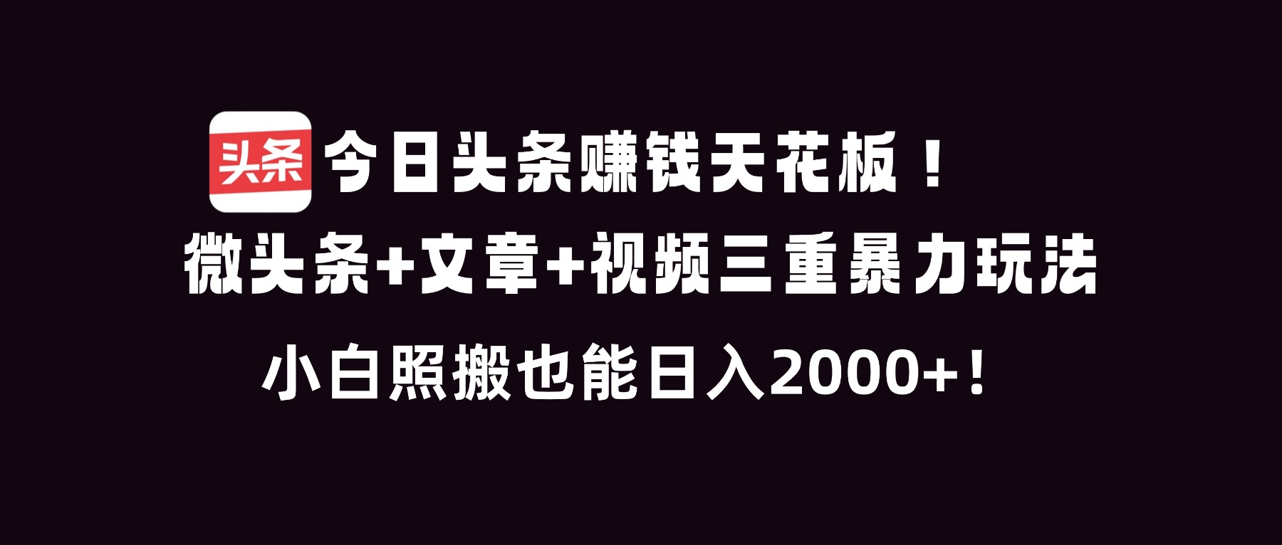 今日头条赚钱天花板！微头条+文章+视频三重暴利玩法，小白照搬也能日人2000+-禾谷轻创网