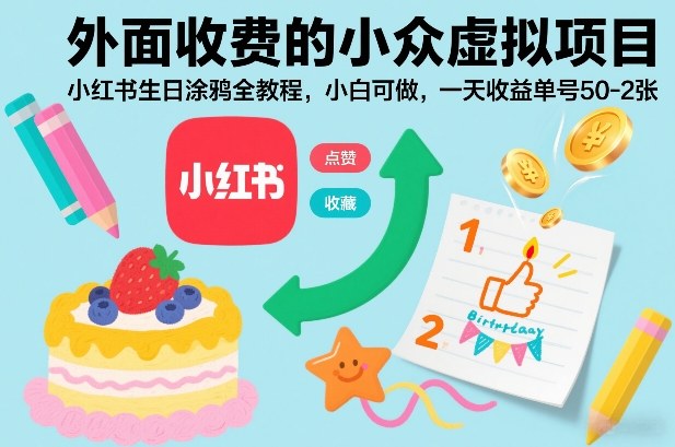 外面收费的小众虚拟项目，小红书生日涂鸦全教程，小白可做，一天收益单号50-2张-禾谷轻创网