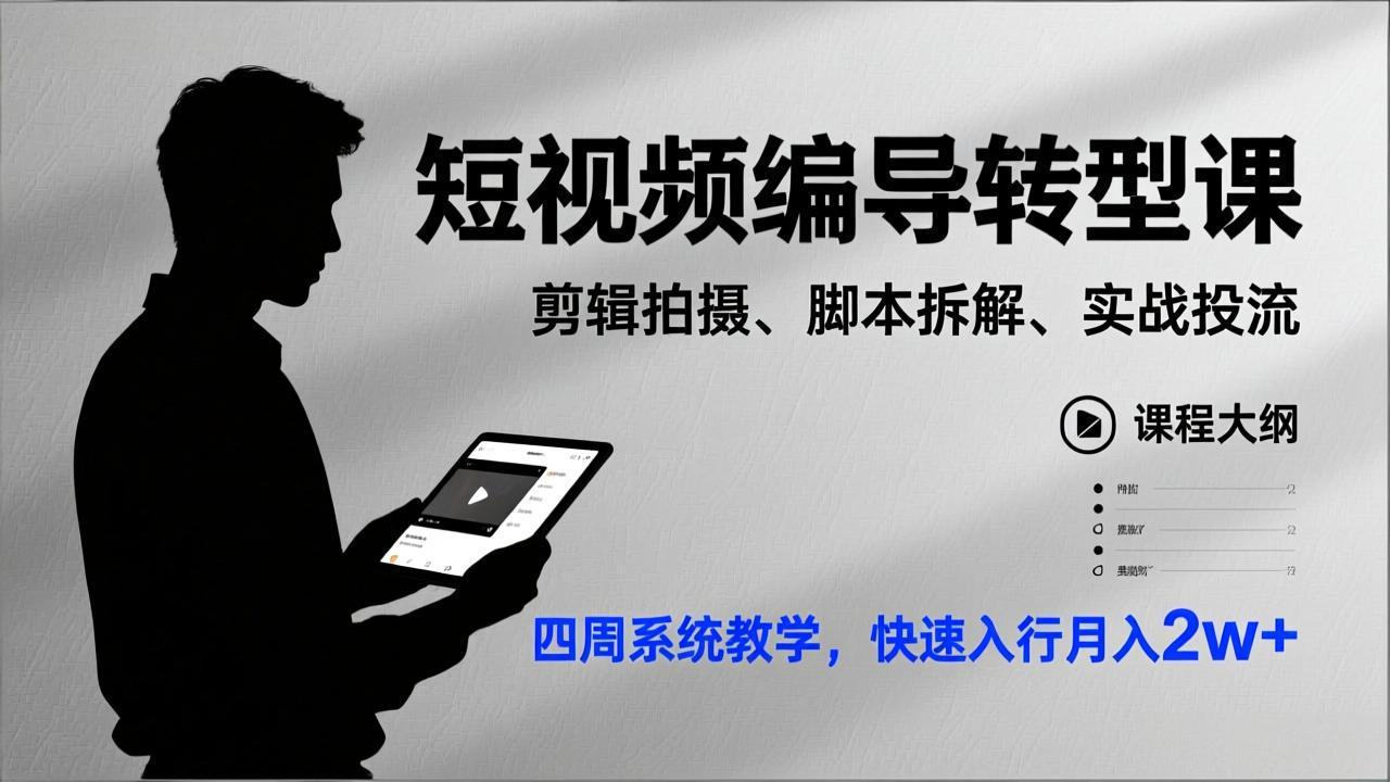 短视频编导转型课，剪辑拍摄、脚本拆解、实战投流，四周系统教学，快速入行月入2w+-禾谷轻创网
