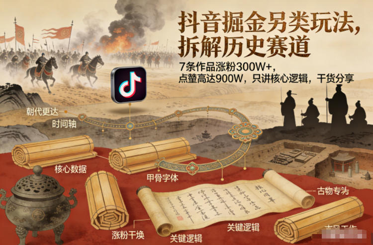 抖音掘金另类玩法，拆解历史赛道，7条作品涨粉300W+，点赞量高达900W，只讲核心逻辑，干货分享-禾谷轻创网