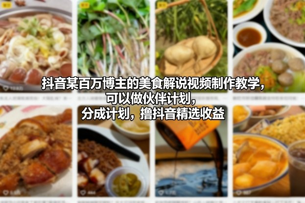抖音某百万博主的美食解说视频制作教学，可以做伙伴计划，分成计划，撸抖音精选收益-禾谷轻创网