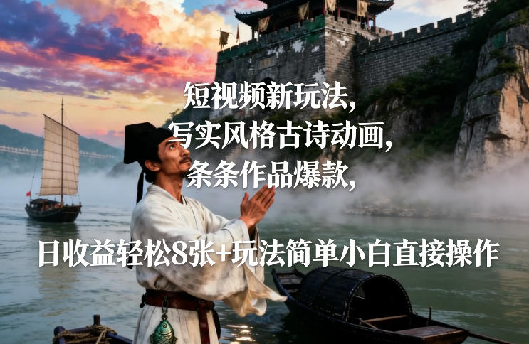 短视频新玩法，写实风格古诗动画，条条作品爆款，日收益轻松8张+玩法简单小白直接操作-禾谷轻创网