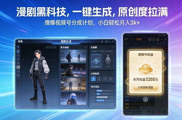 漫剧黑科技，一键生成，原创度拉满，撸爆视频号分成计划，小白轻松月入3k+-禾谷轻创网