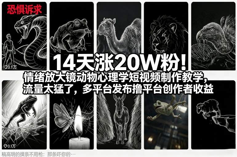 14天涨20W粉！情绪放大镜动物心理学短视频制作教学，流量太猛了，多平台发布撸平台创作者收益-禾谷轻创网