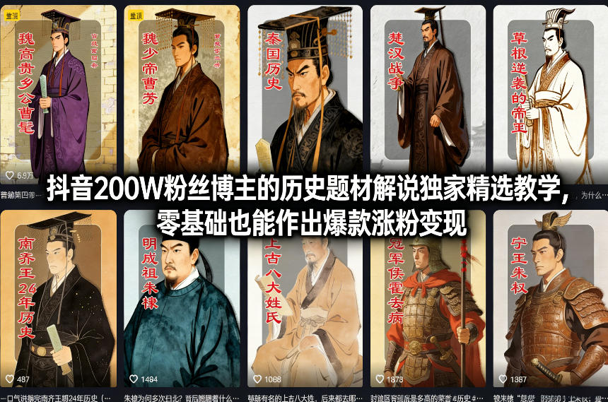 抖音200W粉丝博主的历史题材解说独家精选教学，零基础也能作出爆款涨粉变现-禾谷轻创网