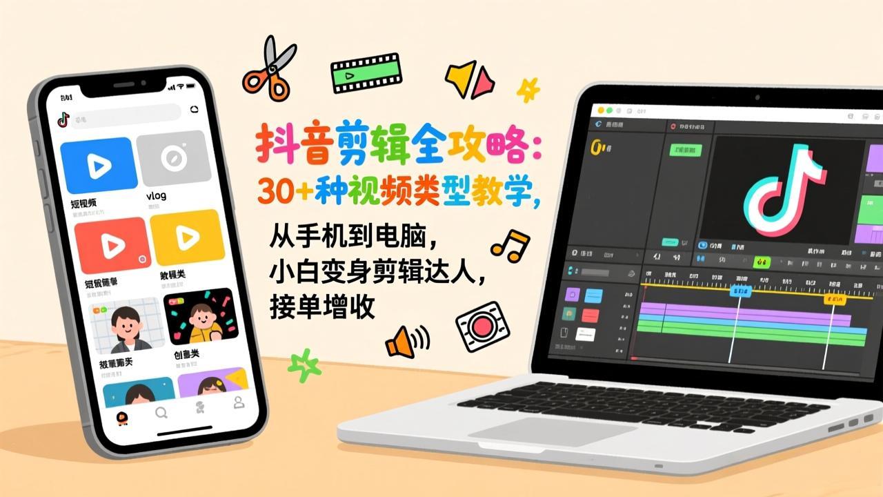 抖音剪辑全攻略：30+种视频类型教学，从手机到电脑，小白变身剪辑达人，接单增收-禾谷轻创网