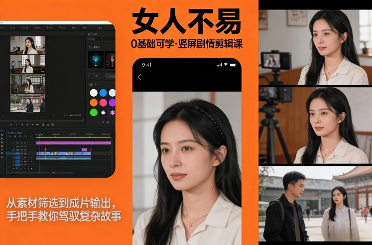 0基础可学！《女人不易》竖屏剧情剪辑课，从素材筛选到成片输出，手把手教你驾驭复杂故事-禾谷轻创网